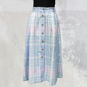 Vintage Pastel Plaid Button Front Midi Skirt | Cottagecore Coastal Grandma